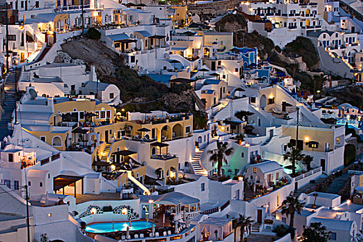希腊,锡拉岛,特写,崖面,别墅,光亮,黄昏
