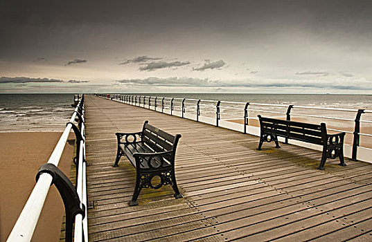 木质,码头,长椅,向外看,上方,海滩,水,克利夫兰,英格兰