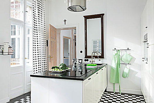 现代,厨房,黑白,彩色,淡色调,绿色