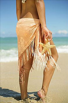 女孩,站立,热带沙滩,穿,沙滩裙,拿着,海星,腿,躯干