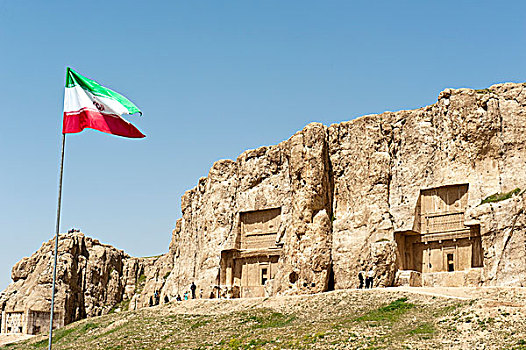 伊朗人,国旗,两个,陵墓,墓穴,波斯波利斯,法尔斯,省,伊朗,亚洲