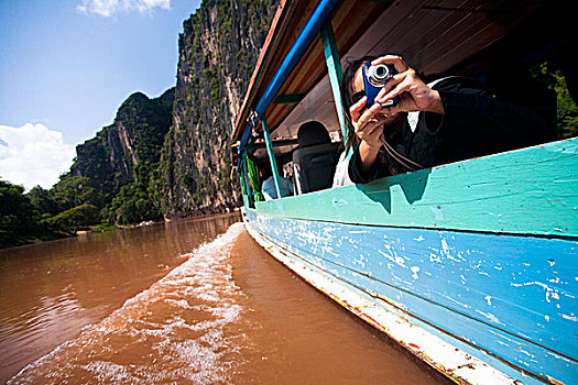 人,拿,长,船,出租车,湄公河,户外,琅勃拉邦,老挝