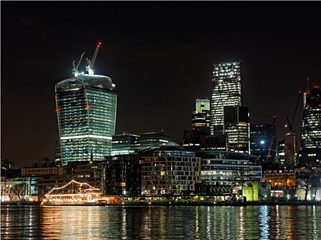 伦敦,泰晤士河,水岸,夜晚,对讲机,摩天大楼,十二月