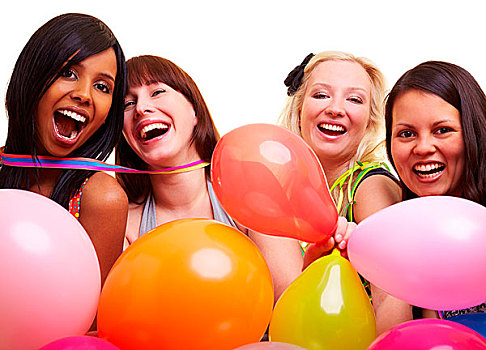 四个,高兴,女青年,许多,彩色,气球