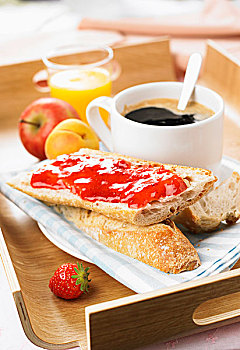 欧式早餐,托盘,咖啡,面包果酱,橙汁
