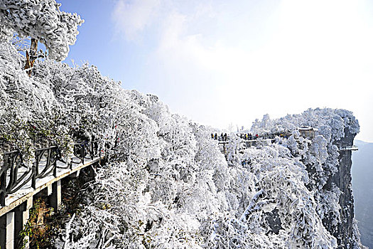 白雪中的天门山及观光栈桥