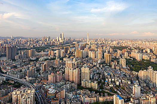 广州市鸟瞰海珠区远眺天河区全景航拍