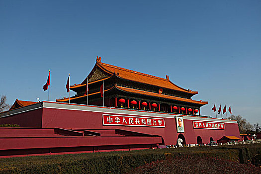 天安门,故宫,中国,北京,天安门广场,五星红旗,华表,全景,地标,传统,蓝天