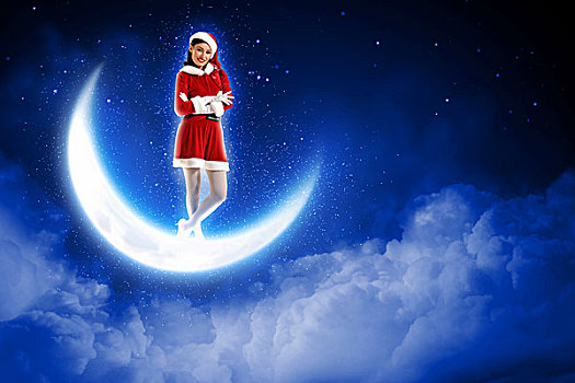 照片,圣诞老人,女孩,坐,月亮