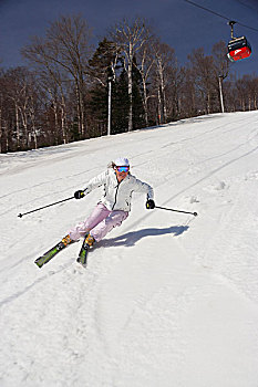 美国,佛蒙特州,山,胜地,专家,女性,滑雪者,滑雪,平底船船夫,小路