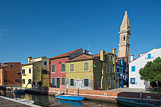 彩色,房子,布拉诺岛,诸德卡,斜塔,教堂,威尼斯,威尼托,意大利,欧洲