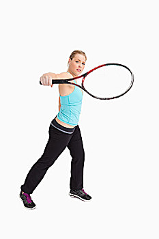 女人,玩,网球,球拍,白色背景