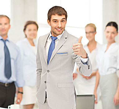 办公室,团队,概念,友好,年轻,微笑,商务人士,竖大拇指