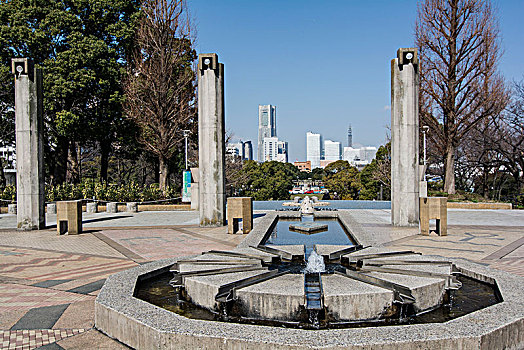 公园,石碑,喷泉,城市,全景,横滨,日本