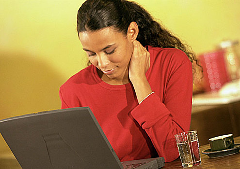 女人,工作,笔记本电脑,手,颈部