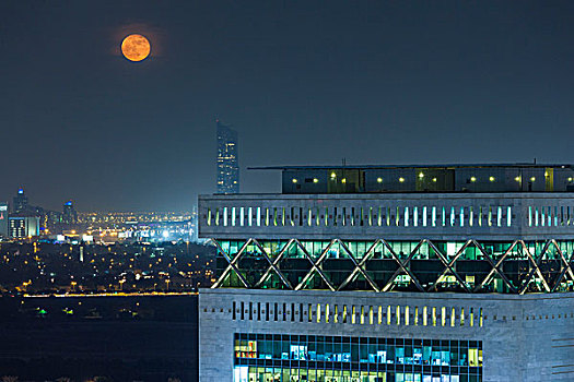 阿联酋,迪拜,市区,高层建筑,建筑,道路,俯视图,月出