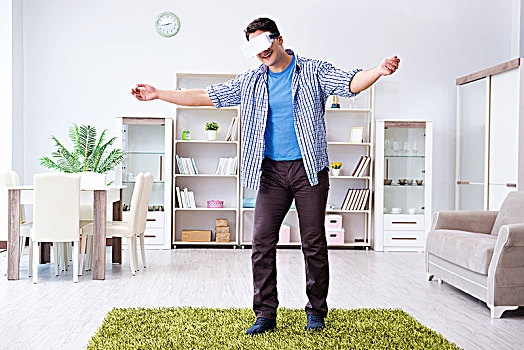 男人,虚拟现实,眼镜,玩,在家