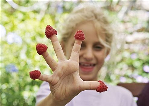 女孩,树莓,手指