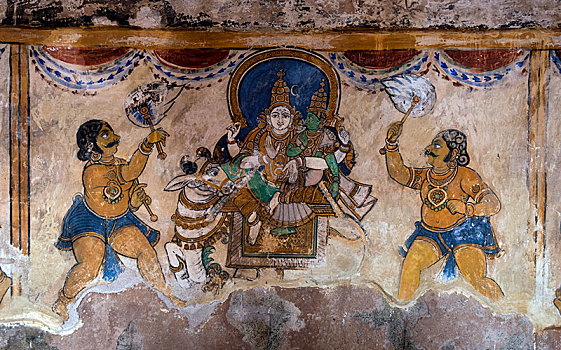 印度教,神,湿婆神,女神,壁画,庙宇,坦贾武尔,泰米尔纳德邦,印度,亚洲