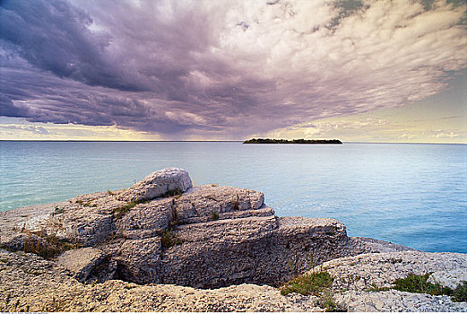 石灰石,海岸线,湖,曼尼托巴,陡峭,石头,加拿大