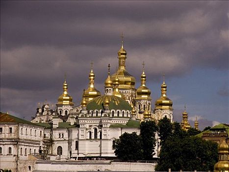 乌克兰,基辅,寺院,洞穴,风景,教堂,金色,圆顶,大教堂,墙壁,建筑,云,雷暴,2004年