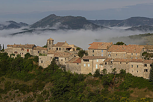 法国,普罗旺斯,山顶,乡村,早,早晨,晴朗,雾气,山,背景