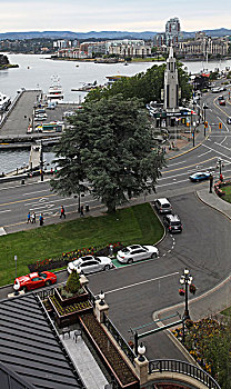 加拿大卑诗省省会所在地的维多利亚,隔着繁华的市政大街,governmentstreet,从维多利亚费尔蒙皇后度假酒店俯瞰斜对面的维多利亚旅游咨询服务处,这是加拿大最繁忙的旅游咨询服务处,每年有80