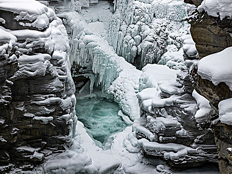 俯视图,冰冻,瀑布,阿萨巴斯卡瀑布,碧玉国家公园,艾伯塔省,加拿大