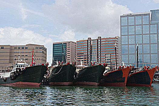 渔船,背景,香港