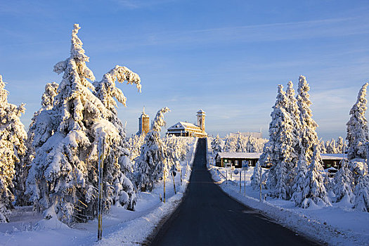 积雪,冷杉,道路,酒店,矿,山峦,萨克森,德国