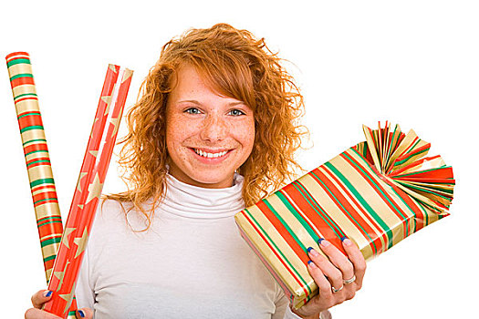 年轻,高兴,红发,女人,礼物,包装纸