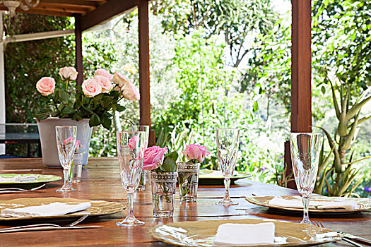 户外,木桌子,午餐,香槟,玻璃,瓷器,玫瑰,南非,家