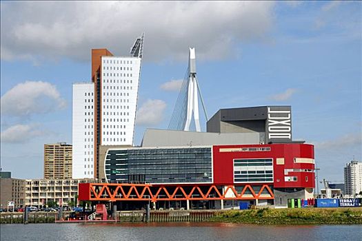 现代建筑,水边,红色,路克索神庙,剧院,左边,观景楼,电话,电讯,后面,桥,鹿特丹,荷兰南部