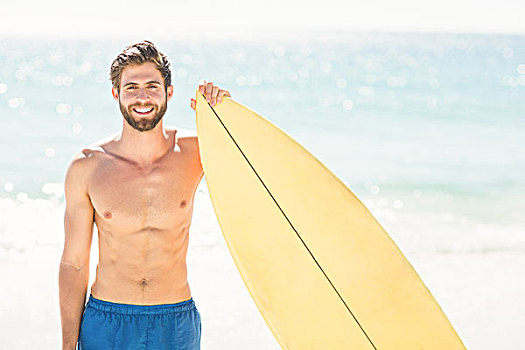 英俊,男人,拿着,冲浪板,海滩