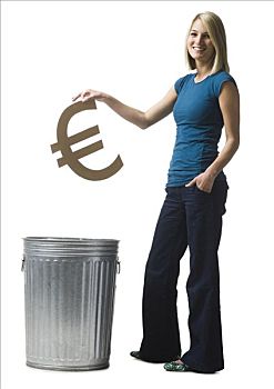 女人,投掷,欧元符号,垃圾