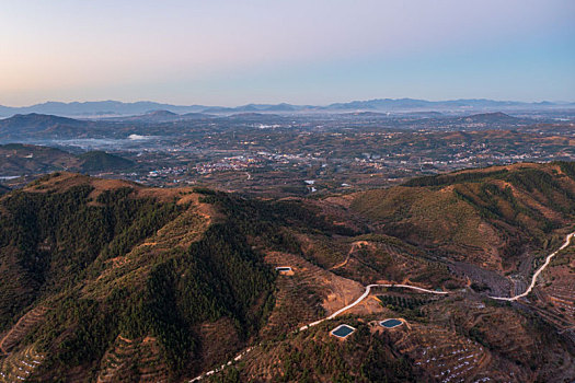 航拍沂蒙山区乡村日出