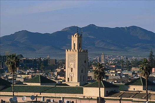 摩洛哥,玛拉喀什,尖塔,清真寺,山峦,背影