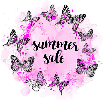 夏天,抽象,背景,蝴蝶,粉色,水彩,纹理,季节,销售