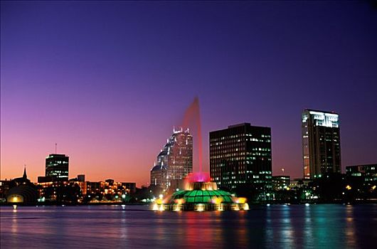 城市天际线,湖,喷泉,夜景,奥兰多,佛罗里达,美国