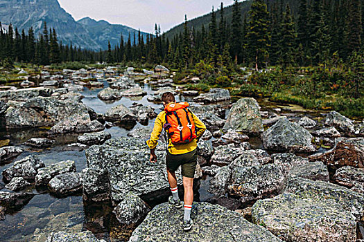 后视图,中年,男人,背包,走,岩石,河床,冰碛湖,班芙国家公园,艾伯塔省,加拿大
