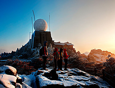 黄山,雪景,光明顶,日出,阳光,雾