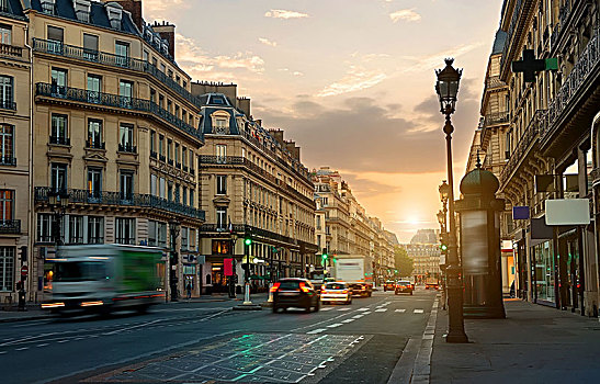 宽,街道,道路,漂亮,建筑,巴黎,日出,法国