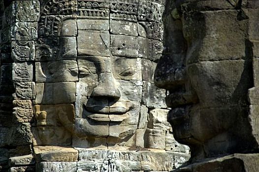 两个,石头,脸,国王,巴雍寺,吴哥窟,收获,柬埔寨