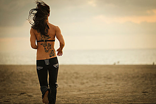 女人,慢跑,海滩