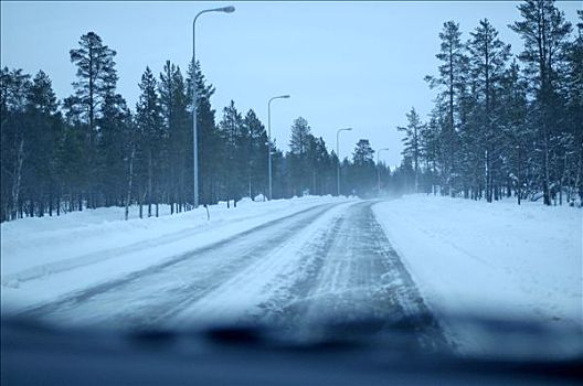 芬兰,拉普兰,伊瓦洛,雪盖,道路,室内,汽车