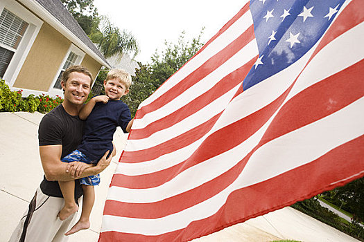 肖像,父亲,儿子,美国国旗