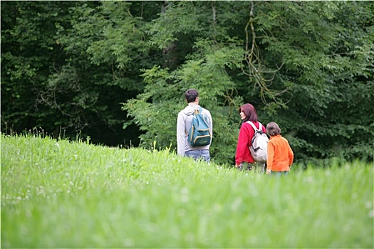 男人,女人,孩子,走,乡村