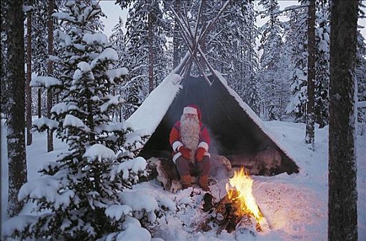 冬天,圣诞老人,正面,帐蓬,营火,圣诞节,拉普兰,芬兰,斯堪的纳维亚,欧洲