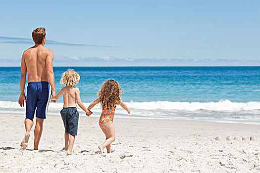 父亲,走,孩子,海滩