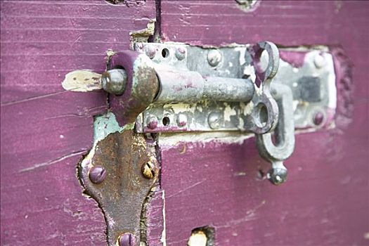 特写,滑动,闩锁,锁,紫色,大门